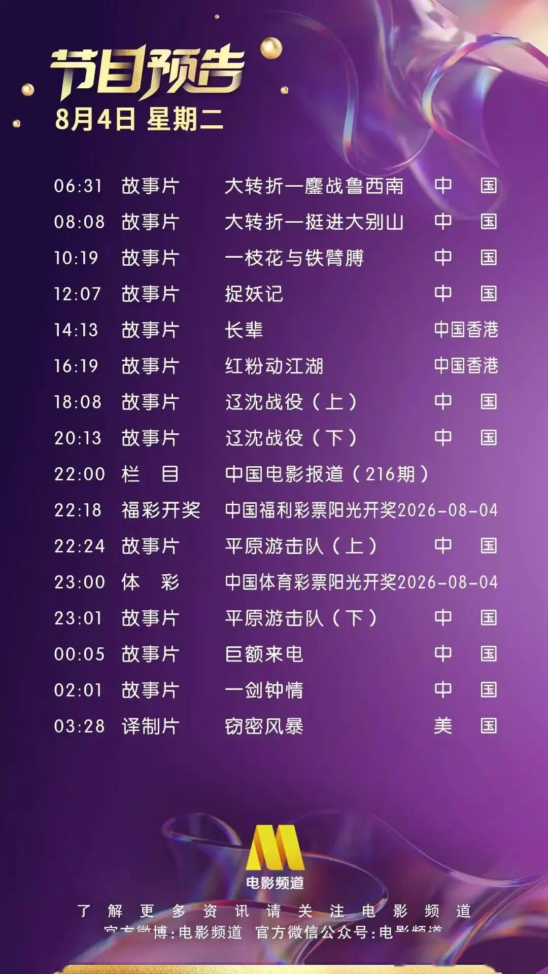 8月4日（星期二）CCTV6节目预告